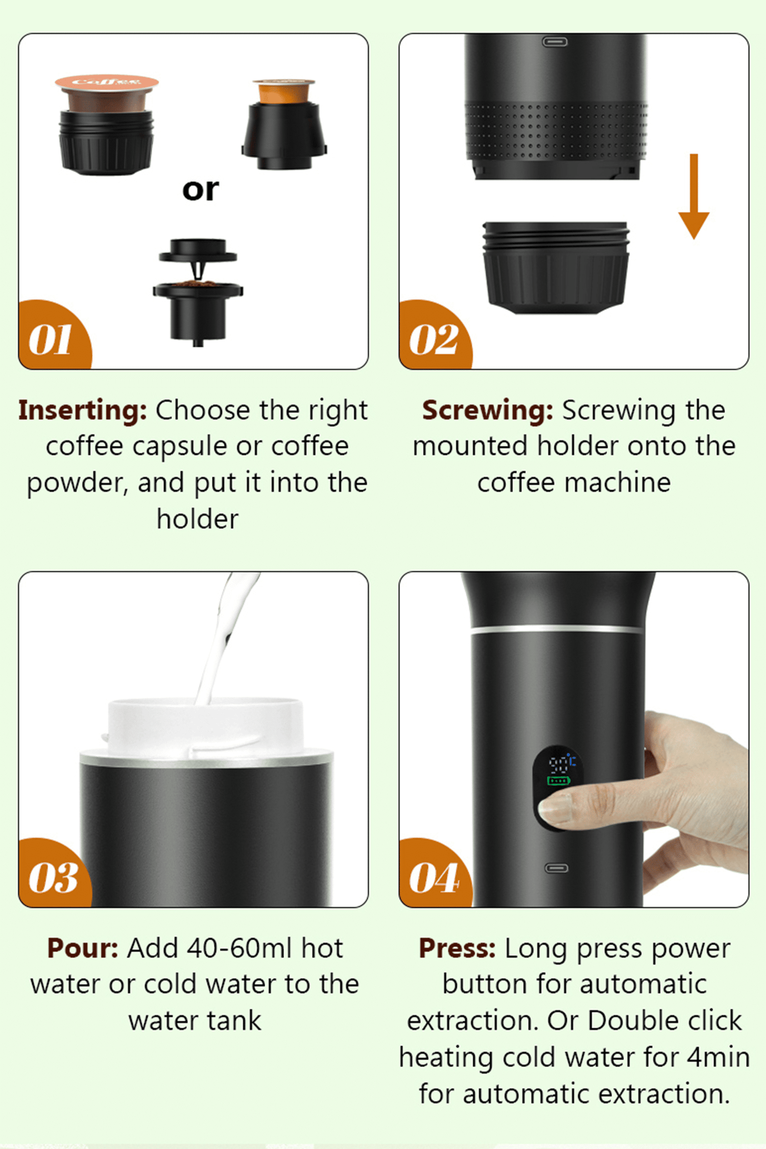 3-In-1 Portable Coffee Maker for Travel,Self-Heating Espresso Machine with USB-C,LED Display,20 Bar,Compatible with Coffee Grounds&Capsules (Ns&Dg)–Portable Espresso Maker for Car,Rv,Camping,Off